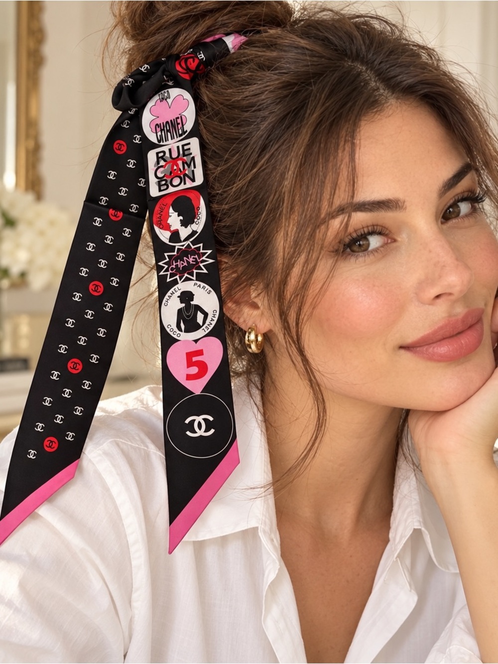 Designer Inspired Black & Pink Logo 100% Silk Twill Hair Scarf